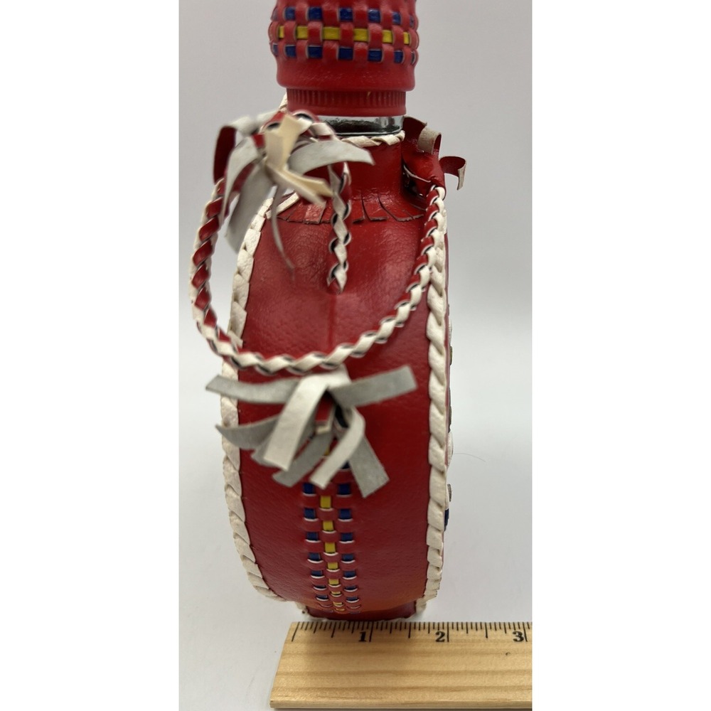 Vintage Leather Wrapped Decanter Bottle Hearts Red Folk Art Braid Art - Picture 11 of 11